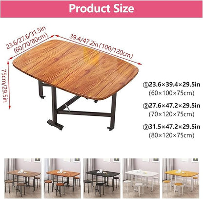 Solid Wooden Foldable Kitchen Table with 6 Wheels, Multifunction Expandable Folding Table for Small Spaces Kitchen, Bedroom, Living Room, Space Saving Folding Dining Table, Brown，White, Natural(White,