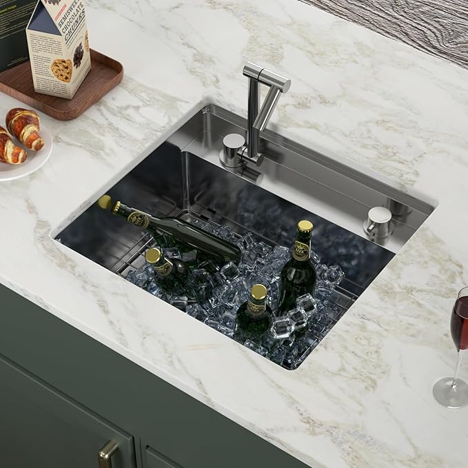 Logmey 21x18 Inch Outdoor Kitchen Sink Undermount Stainless Steel Single Bowl 16-Gauge Undermount Bar Sink with Foldable Faucet Combo Cover