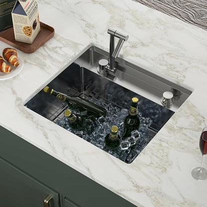 Logmey 21x18 Inch Outdoor Kitchen Sink Undermount Stainless Steel Single Bowl 16-Gauge Undermount Bar Sink with Foldable Faucet Combo Cover
