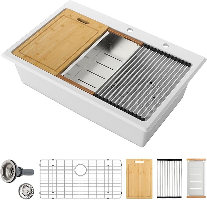 Sarlai 33 Inch Composite Granite Kitchen Sink Drop In - 33x22 Inch White Kitchen Sink Workstation Granite Topmount Sinks White Quartz Classic Above Counter Single Bowl Basin