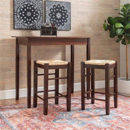 Linon Tavern Espresso Counter Height Table with 2 Stools - Kitchen Bar Set Sea Grass/Rush Seat
