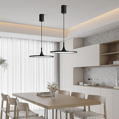 JAYMP Dining Room Modern Pendant Lighting Dimmable LED Disk Light Adjustable Height Kitchen Island Hanging Light Fixture (Black, Dia 19.7 inch)