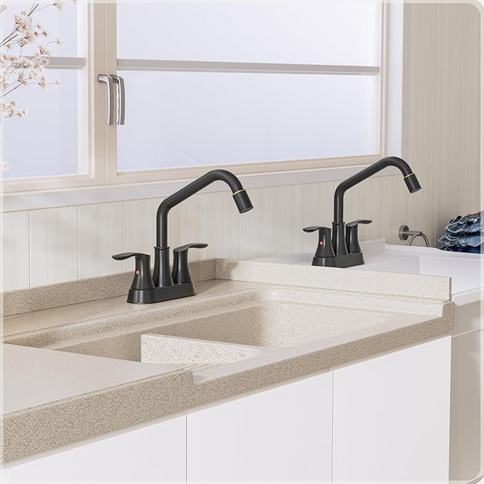 Phiestina Black Utility Sink Faucet 3 Hole, Laundry Sink Faucet with Pull Out Sprayer, Long Spout Dual Handle Modern Bathroom Faucet, 4 Inch CenterSet Laundry & Utility Room Sink Faucets, LF36CL-2M-MB
