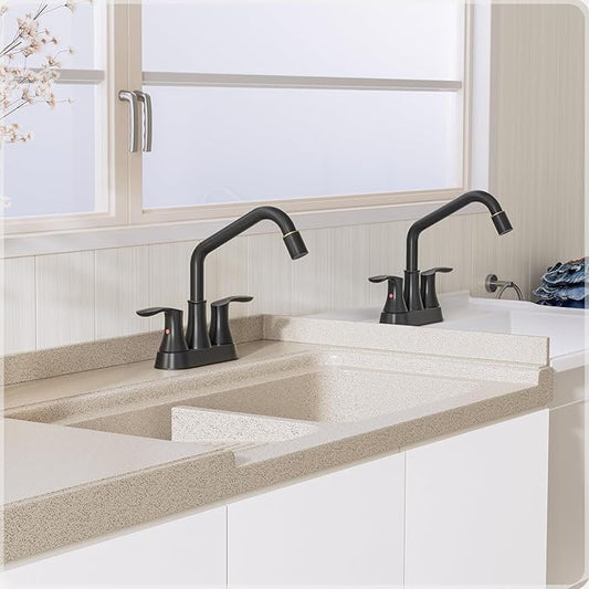 Phiestina Black Utility Sink Faucet 3 Hole, Laundry Sink Faucet with Pull Out Sprayer, Long Spout Dual Handle Modern Bathroom Faucet, 4 Inch CenterSet Laundry & Utility Room Sink Faucets, LF36CL-2M-MB