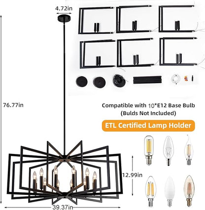 Black Chandelier for Dining Room,12-Light Dining Room Light Fixture Modern Geometric Metal Hanging Industrial Chandeliers for Entryway Kitchen Island Foyer Farmhouse Chandeliers