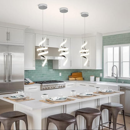 Modern Spiral LED Pendant Lights Kitchen Island, 22W Adjustable Height Hanging Light Fixture 5500K Chrome Chandelier for Dining Room Cafe Table, 3 Pack