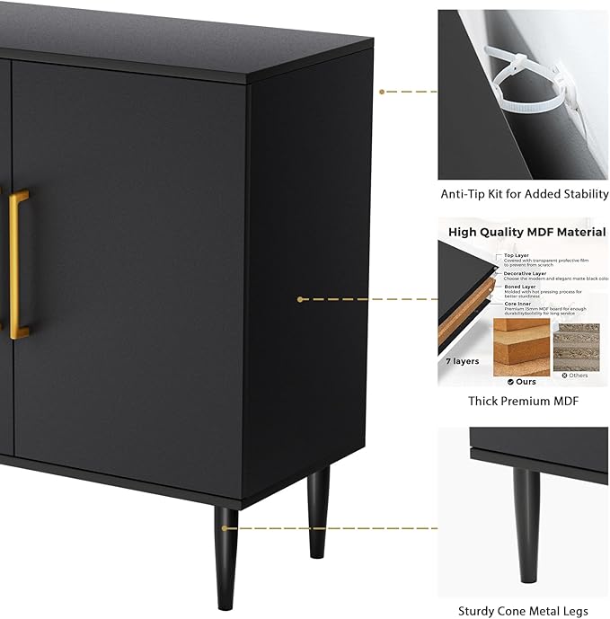 Vrullu Modern Storage Cabinet, Free Standing Buffet Cabinet, Black Sideboard and Buffet Storage, Wood Accent Furniture for Living Room, Hallway, Entryway, Dining Room (2, Black)
