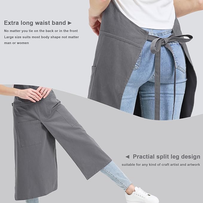 Molaxhome Split Apron with 3 Pockets,Unisex Pottery Apron with Adjustable Strap for Kitchen Ceramics