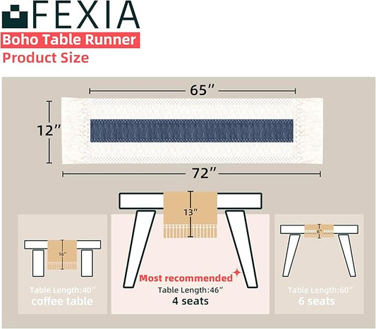 FEXIA Boho Blue Table Runner 72 Inches Long with Tassels Macrame Farmhouse Style Party Rustic Wedding Baby Bridal Shower Dining Decor (12x72 Inches)