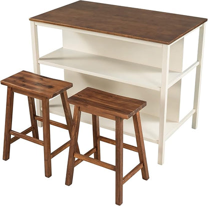 3-Piece Solid Rustic Stationary Kitchen Island Seatings,Rubber Wood Butcher Block Dining Prep Table Set with 2 Open Shelves,for Small Places,Walnut+Cream White