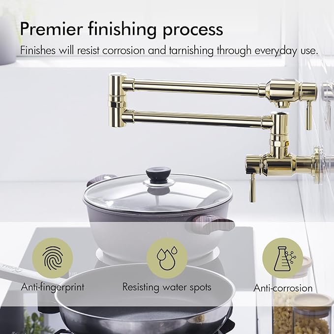 BAGNOLUX Pot Filler, Wall Mount Commercial Pot Filler Faucet Over Stove, Copper Material Brass Kitchen Faucet Folding with Stretchable Double Joint Swing Arm 23.4 inch, Polished Gold-PVD
