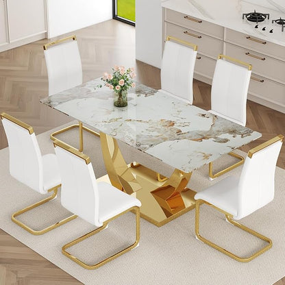 Faux Marble Dining Table, 71" Dining Room Table with Rectangular Tempered Glass Top for 6-8, Modern Kitchen Table with Golden U-Shaped Base, Contemporary Kitchen Dining Room Furniture
