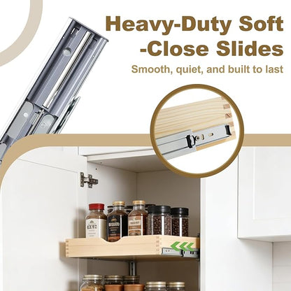 26" Pull Out Cabinet Drawer (Fits 27" Cabinet Opening), Wood Slide Out Cabinet Shelf Organizer with Ball Bearing Slides, Clear Lacquer Finish, Heavy Duty Kitchen Cabinet Pull Out Shelves