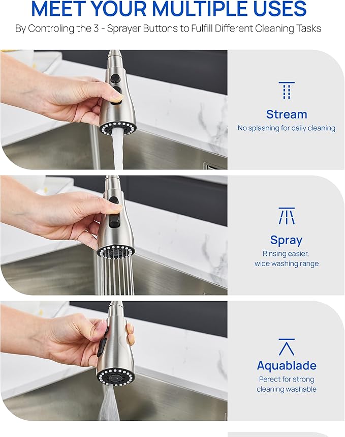 Metal Kitchen Faucet Head Replacement – 3 Mode High-Pressure Sink Sprayer Replacement with 15 Nozzle Adapters, Durable Pull Down Spray Head for Kitchen Sink (Stream/Spray/Blade), Stainless Steel
