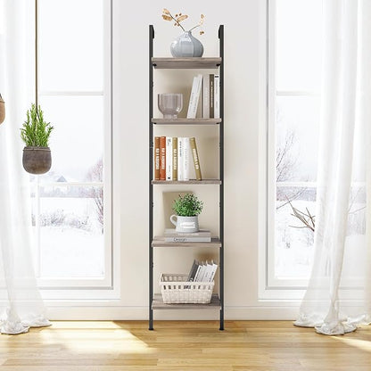 ELYKEN Ladder Shelf, 5-Tier Wood Wall Mounted Bookshelf with Metal Frame, Vintage Open Display Organizer Rack, Leaning Storage Shelves for Living Room, Bedroom, Home Office, Greige