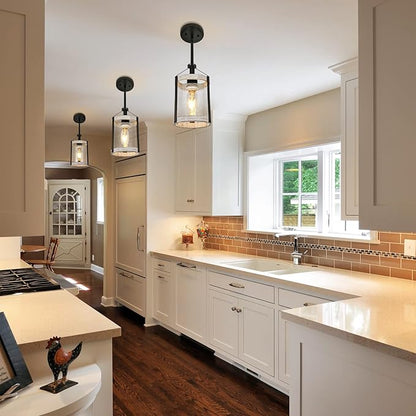 Farmhouse Pendant Light, Seeded Glass Kitchen Light with Metal Cage, Rustic Hanging Pendant Lighting Fixture with Distressed Wood Finish, Modern Farmhouse Island Light for Dining Room, Foyer