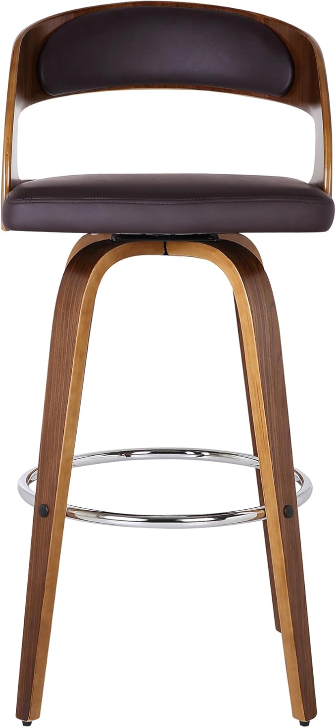 Armen Living Shelly 30" Bar Height Swivel Brown Faux Leather and Walnut Wood Bar Stool - Set of 3