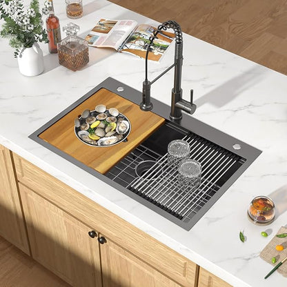 36x22 Inch Drop In Black Kitchen Sink - Workstation 16 Gauge 304 Stainless Steel Single Bowl Handmade Large Two-Holes Sink with Mixing Bowl, Pasta Strainer, and Cutting Board #TLT-0056