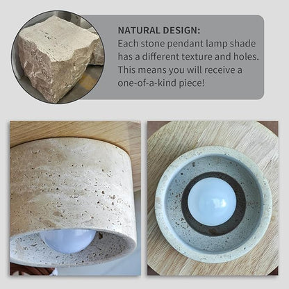 Japanese Wabi sabi Pendant Light with Natural Stone Shade, Dimmable Modern Wood Hanging Lamp Fixture, Adjustable Height Pendant Lamp for Bedroom, Kitchen Island, Dining Room, Restaurant, Cafe, Bar (B)