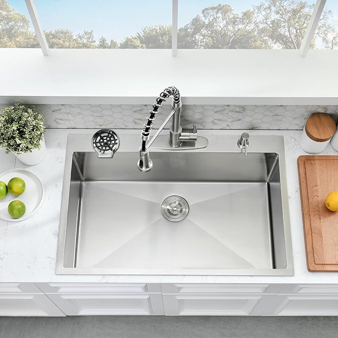 30 Inch Drop In Kitchen Sink with Faucet Combo - Stainless Steel Drop In Sink with Cup Washer, 9 Inch Deep Single Bowl Kitchen Sinks and Faucets Combo Set,Top Mount Design for Modern Kitchens