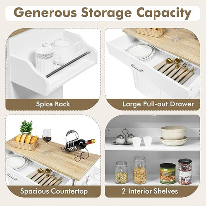 COSTWAY Kitchen Island On Wheels, Rolling Storage Trolley Cart with Large Cabinet, Drawer, Spice Rack and Towel Rack, Kitchen Serving Utility, 3-Position Adjustable Shelf (White)