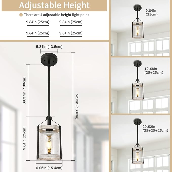 Farmhouse Pendant Light, Seeded Glass Kitchen Light with Metal Cage, Rustic Hanging Pendant Lighting Fixture with Distressed Wood Finish, Modern Farmhouse Island Light for Dining Room, Foyer
