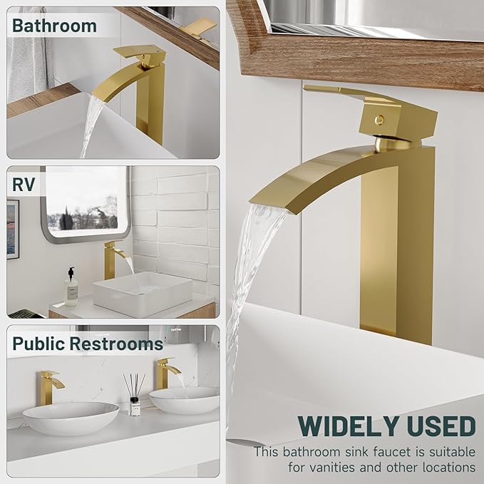 Brushed Gold Vessel Sink Faucet, Greenspring Waterfall Bathroom Faucets, Tall Spout Single Handle Single Hole Bathroom Faucets with Pop Up Drain and Without Overflow Basin Faucet Supply Line