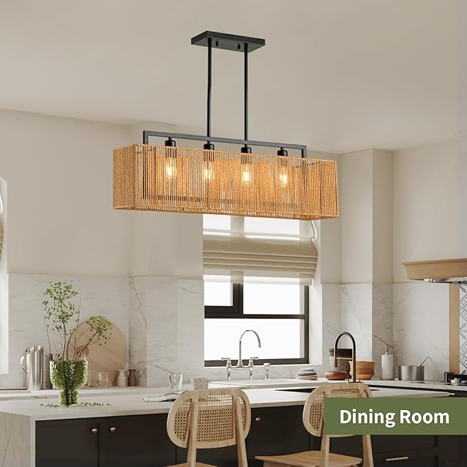 4-Light Rattan Chandeliers for Dining Room, Boho Chandelier 32 Inch Rattan Light Fixture Farmhouse Linear Lighting Wicker Rectangular Chandelier for Kitchen Island Bar