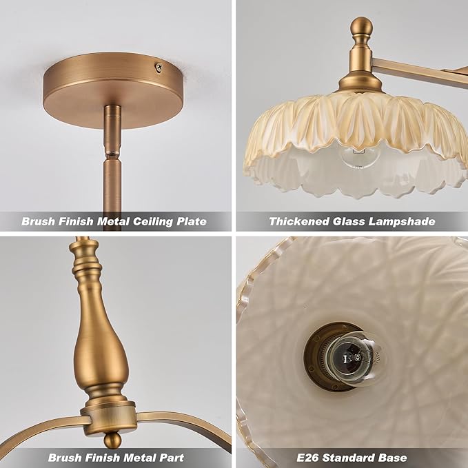 HDDFL Chandeliers Pendant Light Fixture Vintage Pendant Lighting Fixtures 3 Lights Chandelier Kitchen Glass Hanging Lamp for Island Dining Living Room Brass and Brown