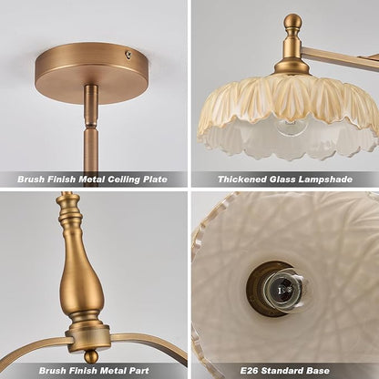 HDDFL Chandeliers Pendant Light Fixture Vintage Pendant Lighting Fixtures 3 Lights Chandelier Kitchen Glass Hanging Lamp for Island Dining Living Room Brass and Brown