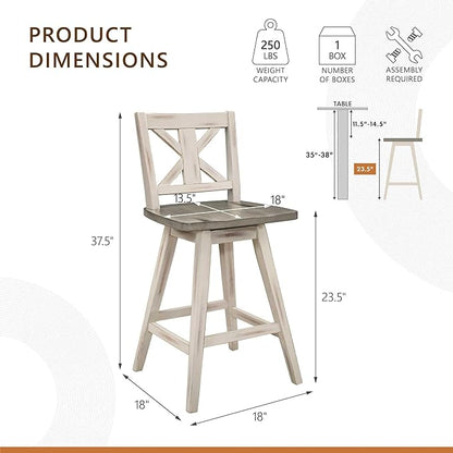 Lexicon Counter Height Stools Set of 2-Solid Wood Frame 360° Swivel Wooden Stools, Foot Rest, X Back, Wide Seat, Distressed Farmhouse Easy to Clean Finish, 24" SH, Antique White/Grey
