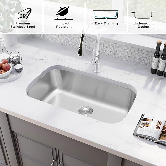 Undermount Kitchen Sink - 32 x18 x 9 Inch Stainless Steel Single Bowl Kitchen Sink, Large and Deep Round Corner Undermount Sink with Drain Assembly
