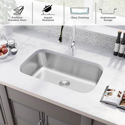 Undermount Kitchen Sink - 32 x18 x 9 Inch Stainless Steel Single Bowl Kitchen Sink, Large and Deep Round Corner Undermount Sink with Drain Assembly