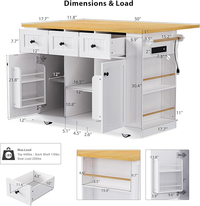 LUMISOL 53” Large Kitchen Island with Drop Leaf and Power Outlet, Rolling Kitchen Cart with Wheels, Door Internal Storage Rack and 5 Open Side Racks, Not Included Stools, White