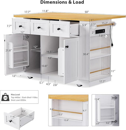 53'' Large Kitchen Island with 3 Drawers & Power Outlet & Door Internal Storage Rack & 5 Open Side Racks, Kitchen Storage Cart with 5 Wheels & Drop Leaf & 5 Open Side Racks, White