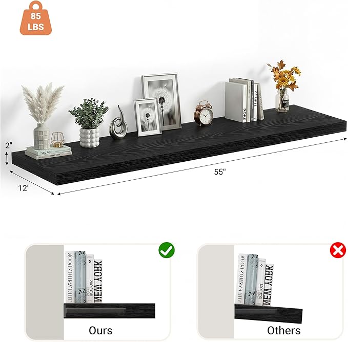 Heimlove 12 Inch Deep Floating Shelves, 55 x 12 inches Long Wall Shelf, Large Extra Display Shelf & Storage Shelf, Rustic Wood Wall Shelves for Fireplace Mantel, Set of 1(Black)
