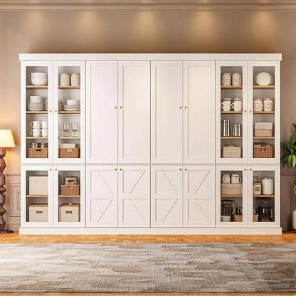 70.8" Tall Farmhouse Kitchen Pantry Cabinet with Glass Doors, Modular Storage Cabinet with 6-Tier Adjustable Shelves, Large Storage Cabinet for Kitchen or Living Room, Set of 4, White