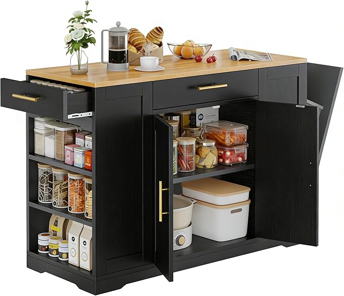DWVO Large Kitchen Island with Trash Can Cabinet, 53 Inch Kitchen Island on Wheels, Rolling Island with Tilt-Out Garbage Storage Fits 13 Gallon Bin, Spice Rack and Drawer, for Dining Room, Black