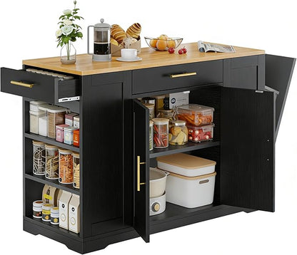 DWVO Large Kitchen Island with Trash Can Cabinet, 53 Inch Kitchen Island on Wheels, Rolling Island with Tilt-Out Garbage Storage Fits 13 Gallon Bin, Spice Rack and Drawer, for Dining Room, Black