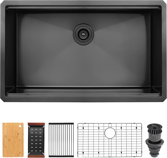 Kitsitchen Black Undermount Kitchen Sink, Black Stainless Steel Kitchen Sink, 32 Inch Large and Deep Handmade Single Bowl Kitchen Sinks with Practical Accessories, 16G Stainless Steel Material
