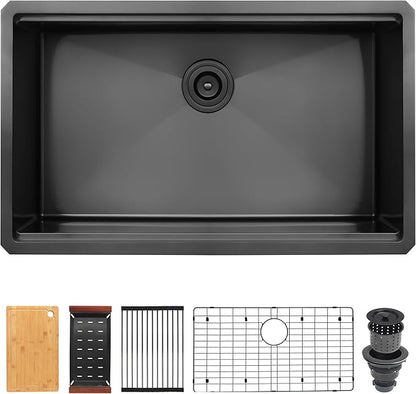 Kitsitchen Black Undermount Kitchen Sink, Black Stainless Steel Kitchen Sink, 32 Inch Large and Deep Handmade Single Bowl Kitchen Sinks with Practical Accessories, 16G Stainless Steel Material