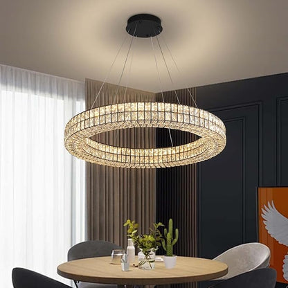 Large Ring Chandelier 47.5 inch Black Modern Crystal Chandelier Lighting High Ceiling Foyer Chandeliers for Living Room Dining Room Staircase Led Dimmable 2700k-6000k