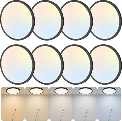 8 Pack 12 Inch LED Flush Mount Ceiling Light, 24W 2640LM 5 CCT Selectable (2700K-6500K), Dimmable Ultra-Thin Round Fixture for Kitchen Bedroom Laundry Hallway, Black