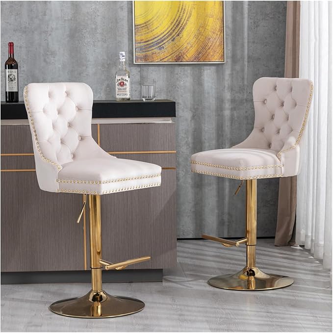 Thick Golden Swivel Velvet Barstools Adjusatble Seat Height from 27-35 Inch, Modern Upholstered Bar Stools with Backs Comfortable Tufted for Home Pub and Kitchen Island