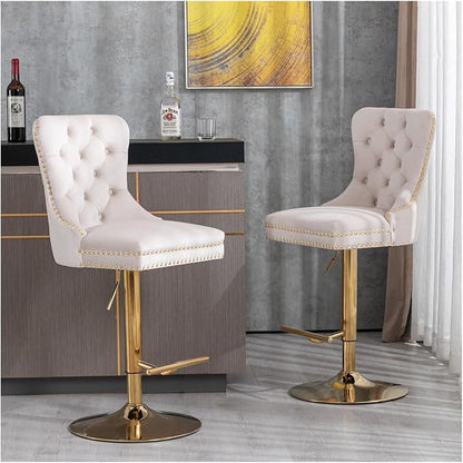 Thick Golden Swivel Velvet Barstools Adjusatble Seat Height from 27-35 Inch, Modern Upholstered Bar Stools with Backs Comfortable Tufted for Home Pub and Kitchen Island,for Living Room