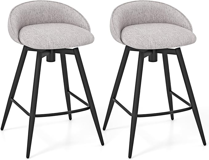 Giantex Swivel Bar Stools Set of 2, 25" Counter Height Bar Chairs with Footrest, Low Backs & Metal Frame, Upholstered Line Fabric Barstools for Kitchen Island, Cafe & Pub, Grey