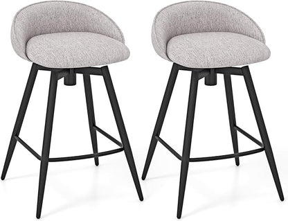 Giantex Swivel Bar Stools Set of 2, 25" Counter Height Bar Chairs with Footrest, Low Backs & Metal Frame, Upholstered Line Fabric Barstools for Kitchen Island, Cafe & Pub, Grey