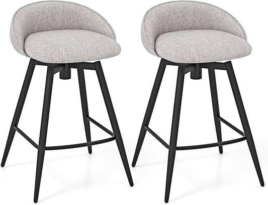Giantex Swivel Bar Stools Set of 2, 25" Counter Height Bar Chairs with Footrest, Low Backs & Metal Frame, Upholstered Line Fabric Barstools for Kitchen Island, Cafe & Pub, Grey