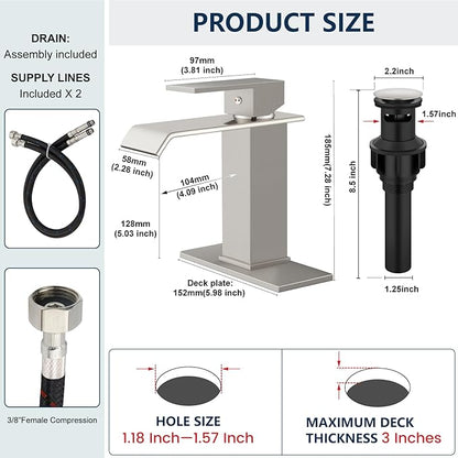Midanya Waterfall Bathroom Faucets, Single Handle 1 Hole Bathroom Sink Faucet Modern RV Vanity Restroom Lavatory Basin Faucet with Pop Up Drain and Water Supply Lines,Brushed Nickel