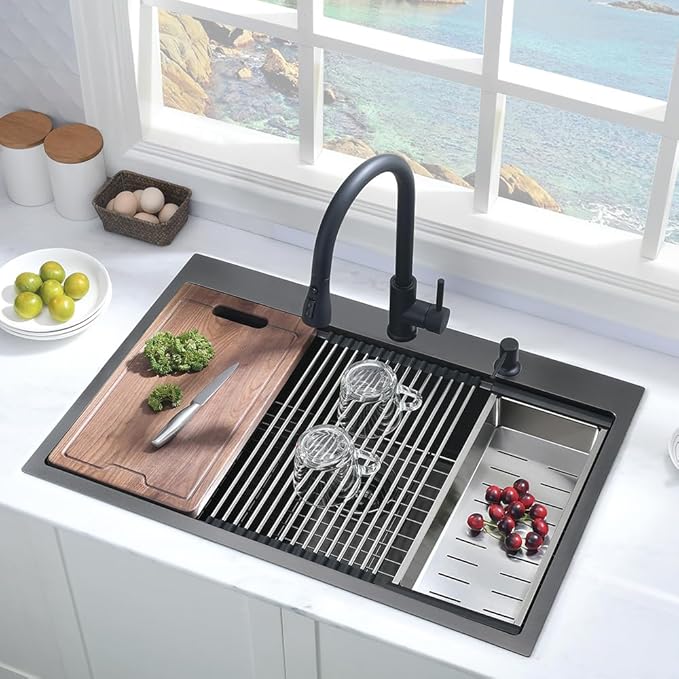 Black Kitchen Sink Drop In Workstation-Hovheir 25x20 Black Stainless Steel Kitchen Sink Drop In Topmount Sinks Workstation 16 Gauge Single Bowl Deep Overmount Sinks with Cutting Board